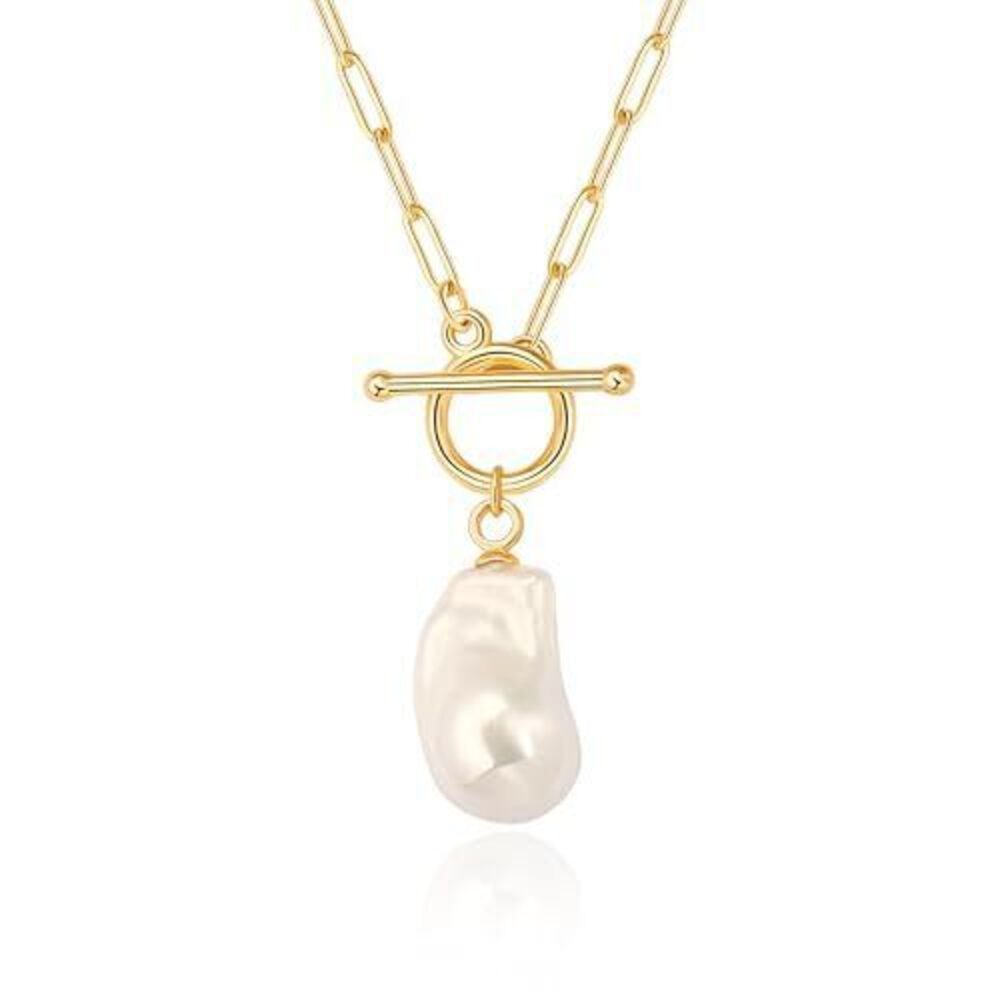 8133 Baroque Simulated Pearl Pendant Necklace 18K Gold Paperclip Chain